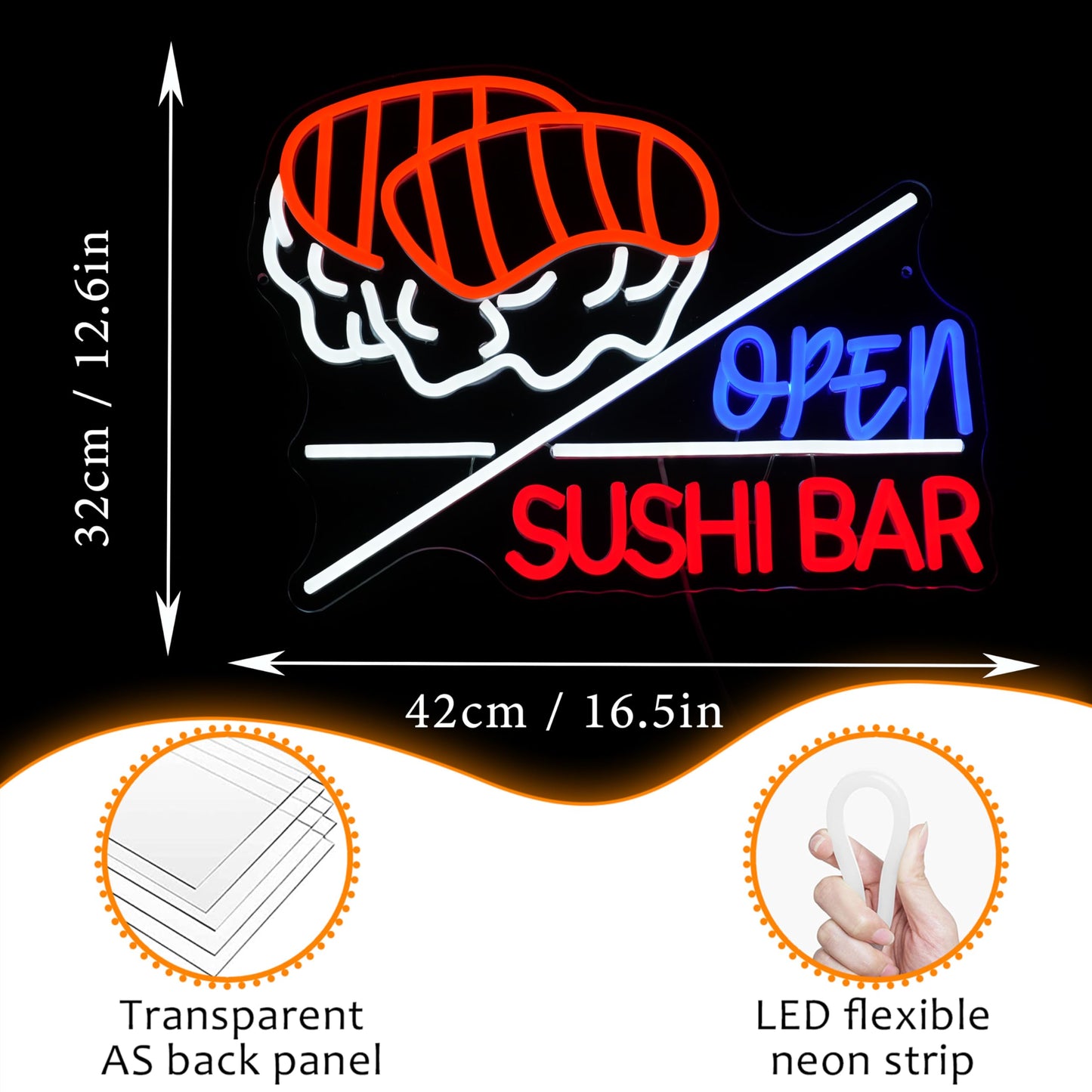 LISIGNVE Sushi Bar Open Neon Sign Led Open Sign for Wall Decor Sushi Bar Neon Light for Japanese Restaurant Shop Snack Food Street (16.5 * 12.6 Inch)