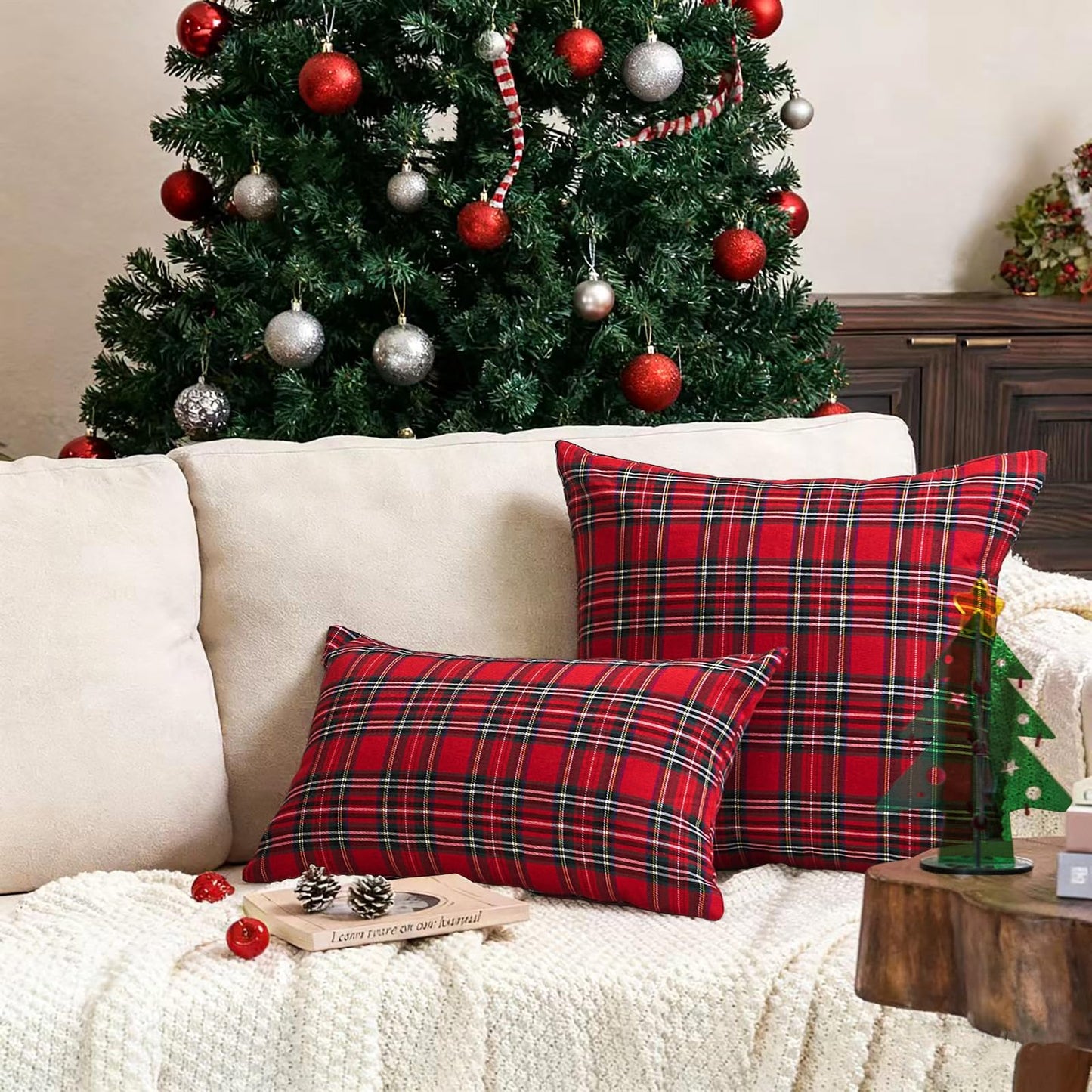 CARRIE HOME Red Tartan Plaid Christmas Throw Pillow Covers 20x20 Set of 2 Christmas Couch Pillow Covers Xmas Decor for Winter Holiday