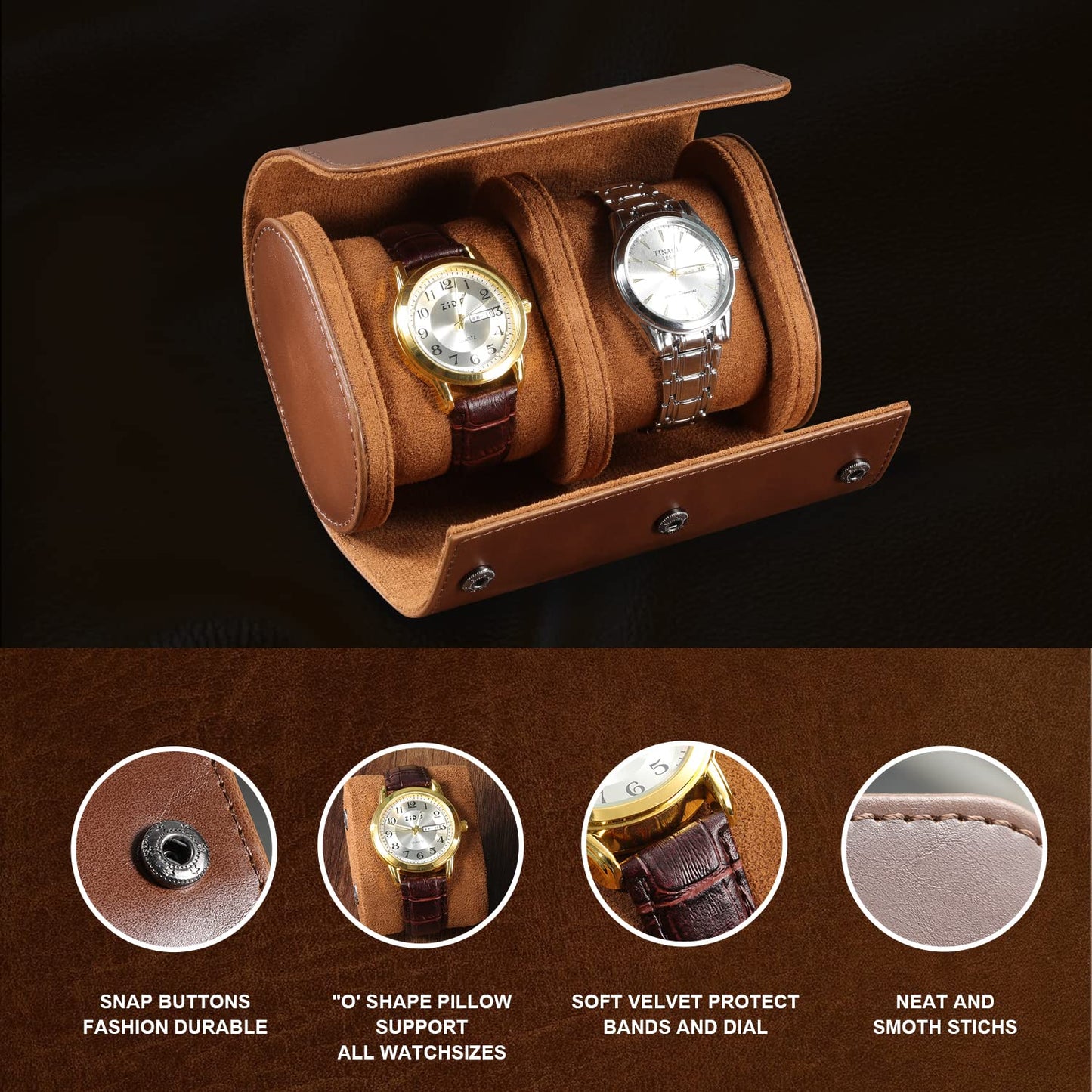 ROSELLE Watch Roll Travel Case for Men and Women- 2 Watch Storage and Organizer-Secure Storage with Innovative Removable Pillows & Solid Dividers for Home, Travel and Display (Brown-2 Slot)