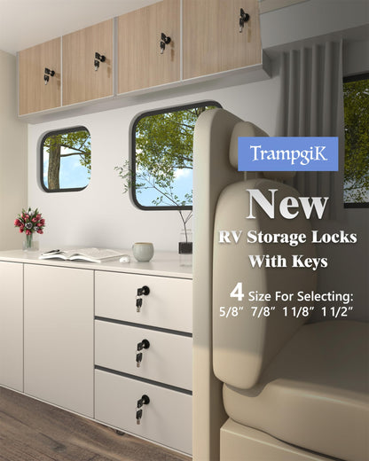 Trampgik RV Storage Locks, 7/8” Camper Compartment Storage Door Locks with Keys, for RV Camper Travel Trailer,Drawer Cabinet Toolcart Storage, 7/8 Inch 2 Locks with 4 Keyed Alike, Black