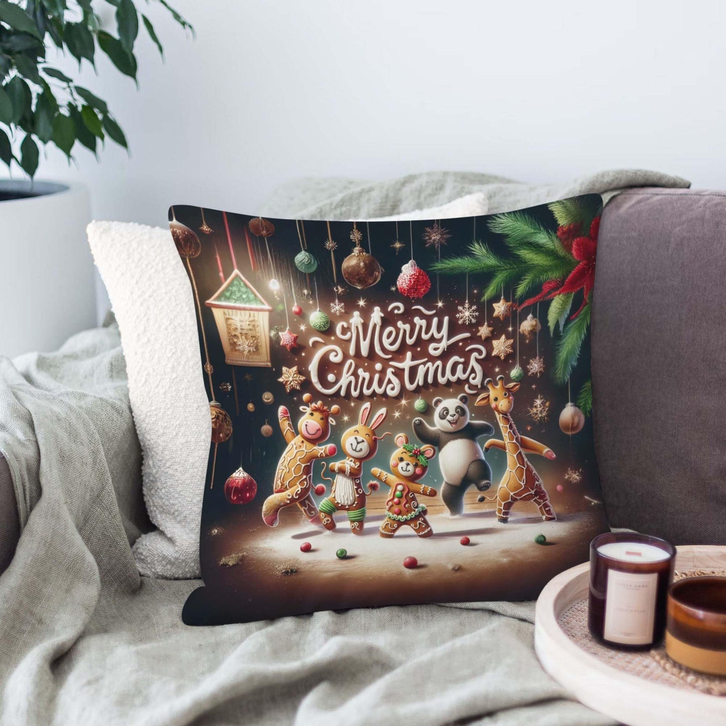 Throw Pillow Cover 20x20 Inch,Gingerbread Cow Rabbit Mouse Panda Giraffe Dancing Ornaments Pine Branches Merry Christmas Throw Pillow Case,Home Decor Cushion Covers for Sofa Living Room Couch Bed