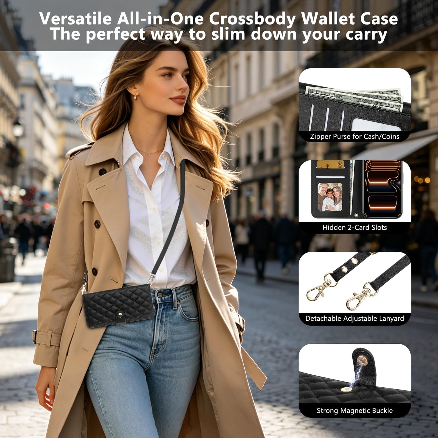 Vofolen for iPhone 17 Pro Max Case Wallet with Card Holder RFID Blocking Crossbody Adjustable Strap Leather with Magnetic Clasp Heavy Duty Protective for iPhone 17 Pro Max Phone Case for Women-Black