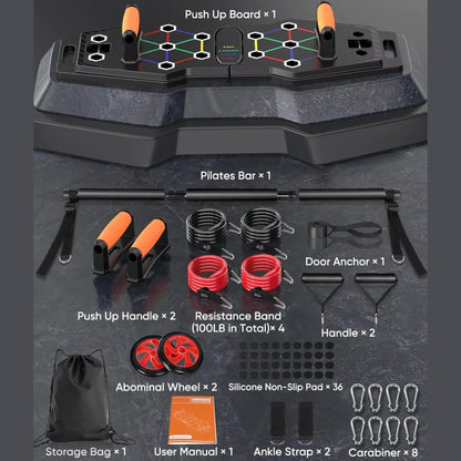 Push Up Board, Portable 25-In-1 Push up Board for Men, | Pilates Bar & Fitness Accessories with Resistance Bands & Ab Roller Wheel, Professional Strength Training Equipment For Man and Women