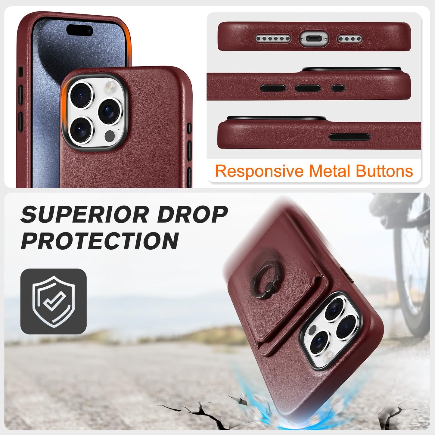 SHIELDON Genuine Leather Case for iPhone 15 Pro Max + Removable Magnetic Card Holder, Magnetic Wireless Charging Non-Slip Stand RFID Blocking Shockproof Compatible with iPhone 15 Pro Max - Wine Red