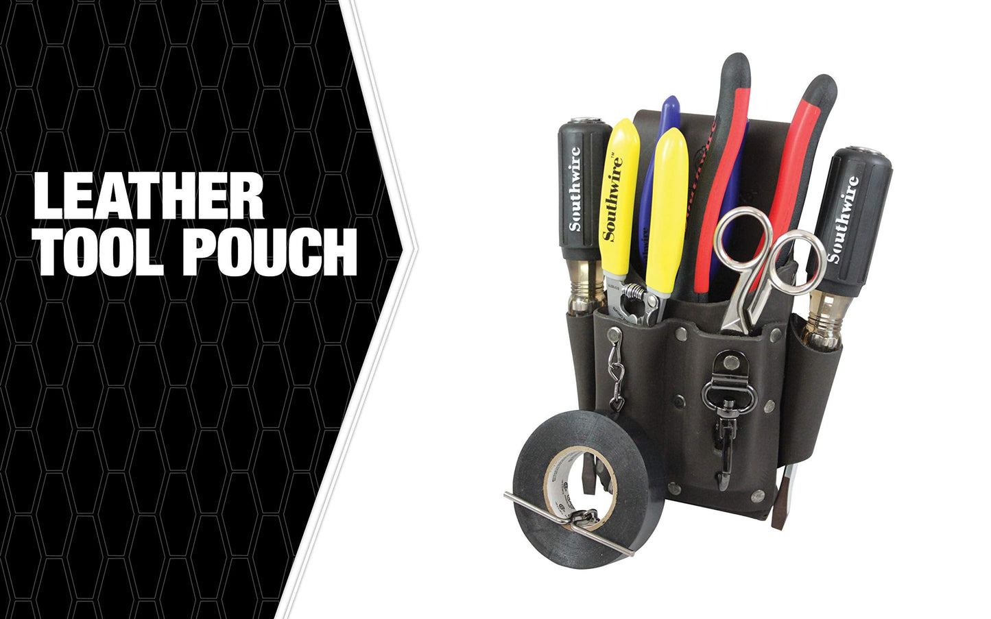 Southwire POUCH4 Leather Tool Pouch; 5 Pocket Pouch with Electrical Tape Chain; Fade Resistant; Durable Compartments; Washer Rivets; Includes Metal Tool Clip; Dark Brown