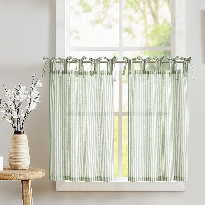 jinchan Tie Top Linen Kitchen Curtains 24 Inches Striped Tier Curtains Farmhouse Modern Cafe Style Small Window Treatments Airy Light Filtering Rod Pocket for Living Room Bathroom 2 Panels Sage Green