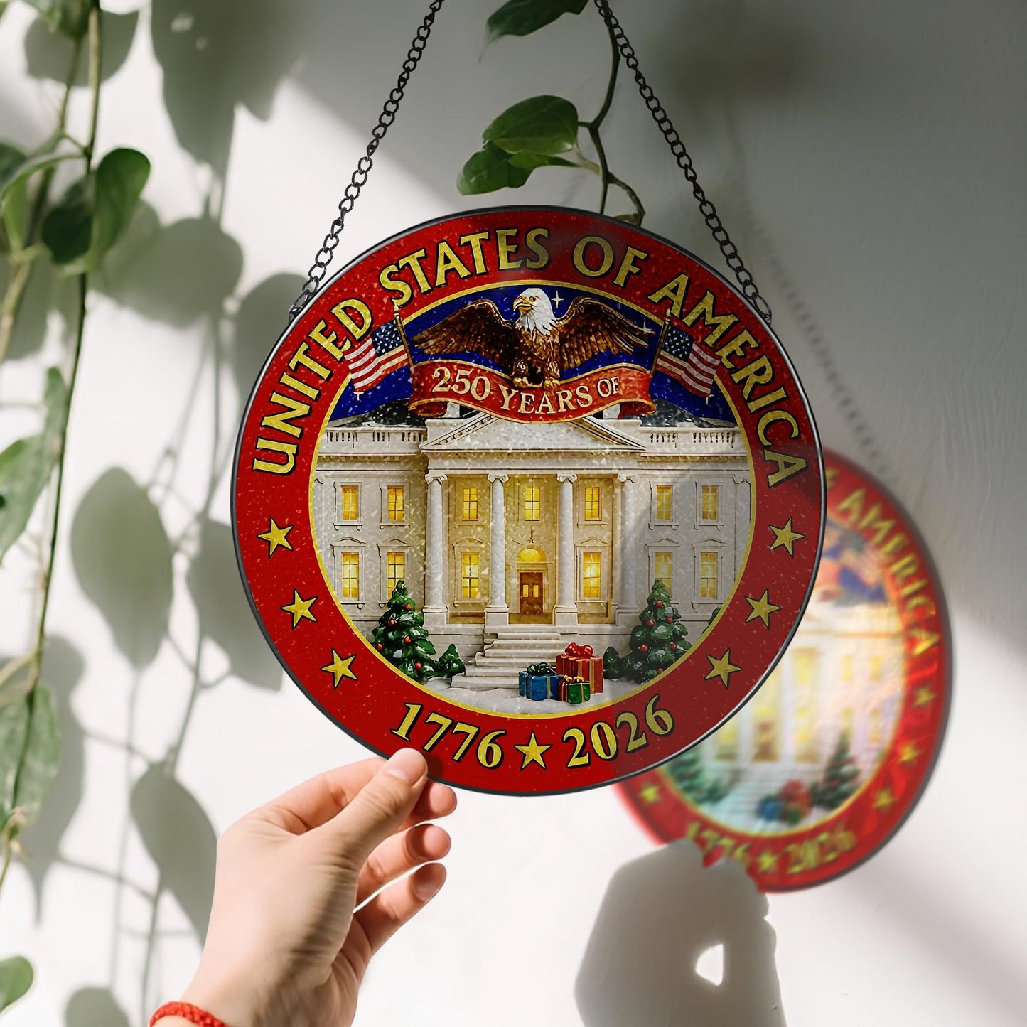 250 Years of America Stained Glass Suncatcher, Stained Glass Window Hanging & Decor, 1776-2026 US 250th Anniversary Ornament, Patriotic Ornament, American Independence Day Gift, July 4 Decor