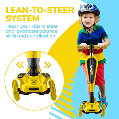 Hurtle 3 Wheeled Scooter for Kids - 2-in-1 Sit/Stand Child Toddlers Toy Kick Scooters w/ Flip-out Seat, Adjustable Height, Flashing Wheel Lights, Great for Indoor/Outdoor Fun, Yellow