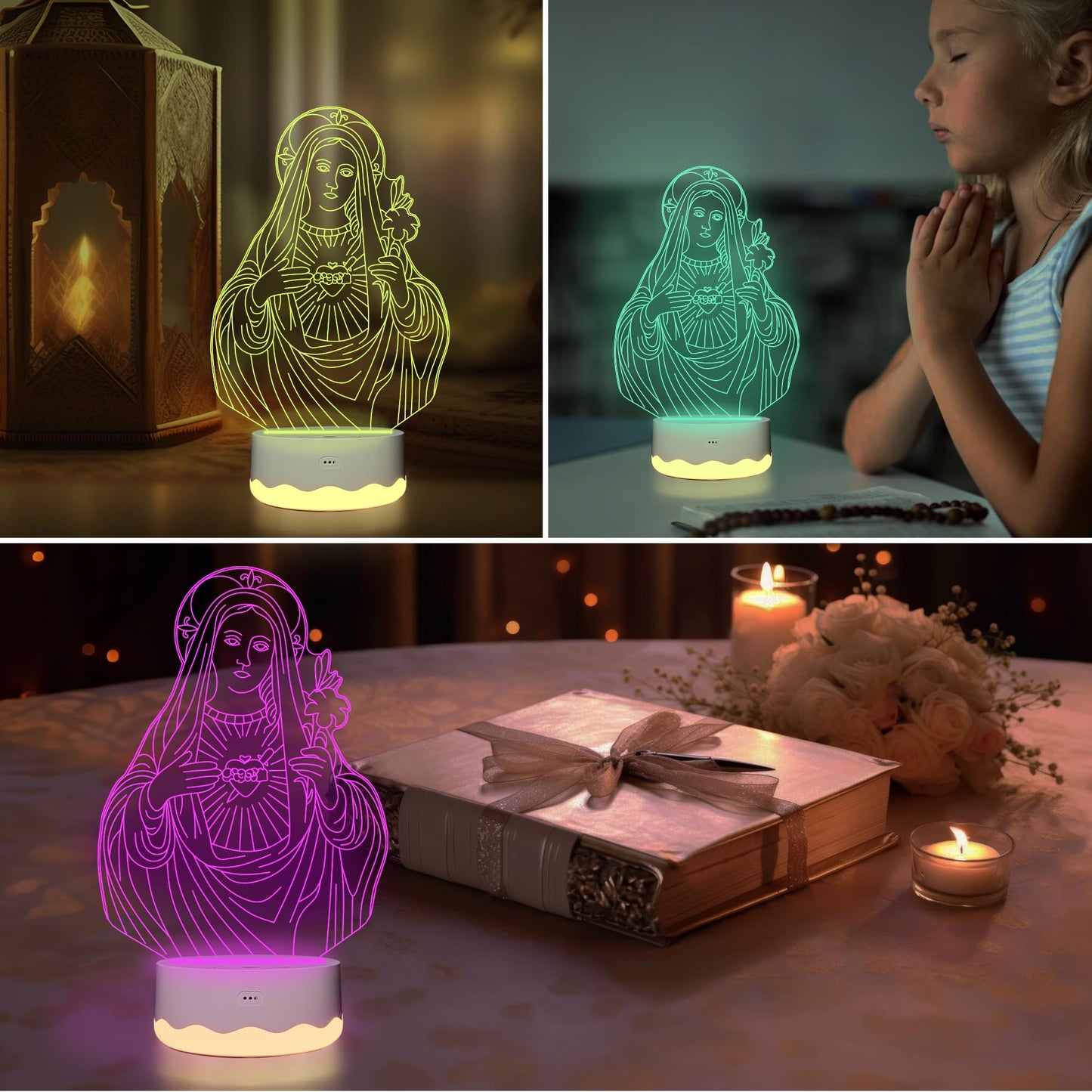 Attivolife Virgin Mary Gifts, 3D Our Lady Night Light Illusion Hologram Lamp 16 Color Changing with Remote Control + Timer LED Best Christian Birthday Gift for Religious Women Men