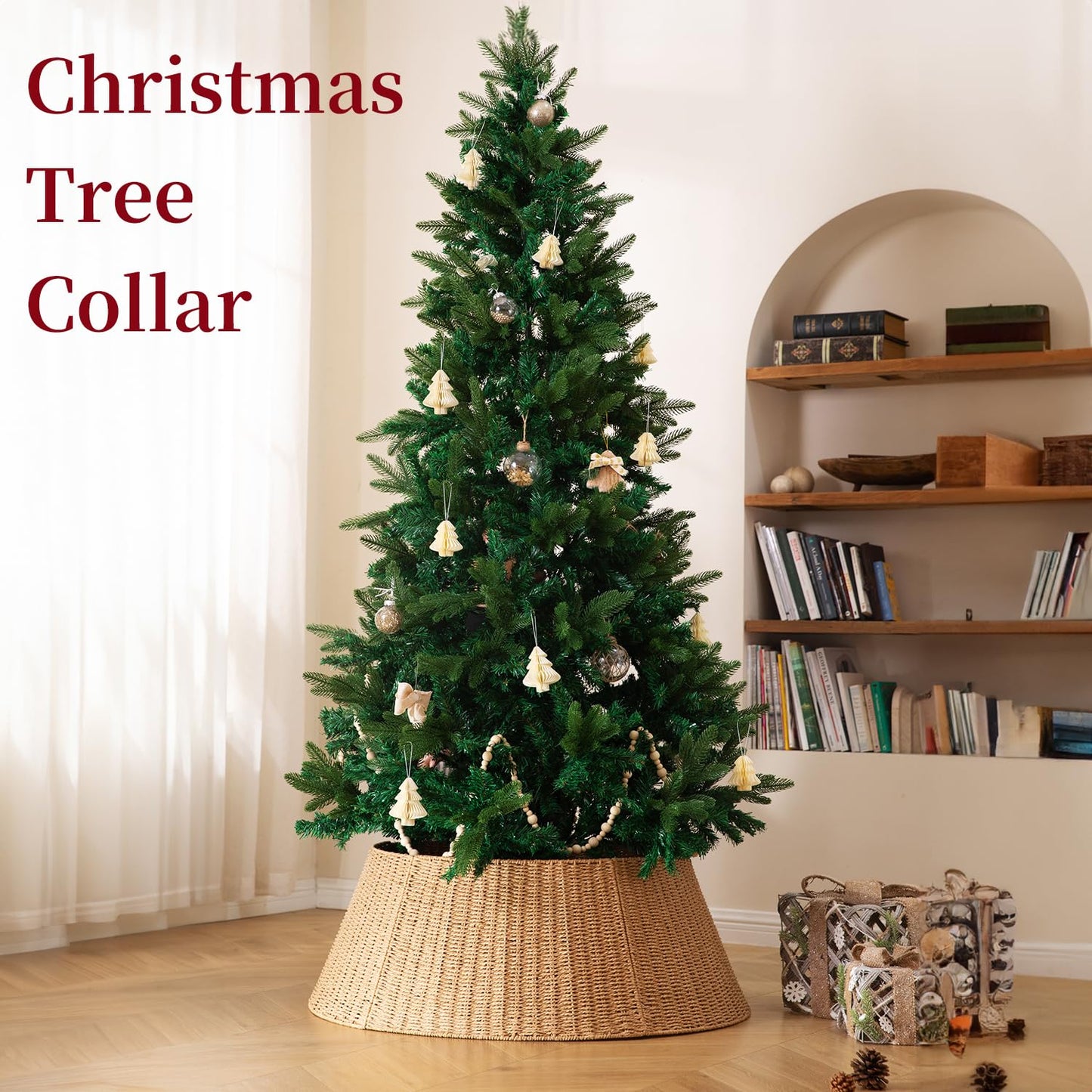 36in Extra Large Christmas Tree Collar - Wicker Woven Tree Collars for Artificial Trees - Large Rattan Rustic Farmhouse Basket for Tree Base Cover with Cord Cut-Out for 7.5ft 9ft 12ft Tree(Natural)