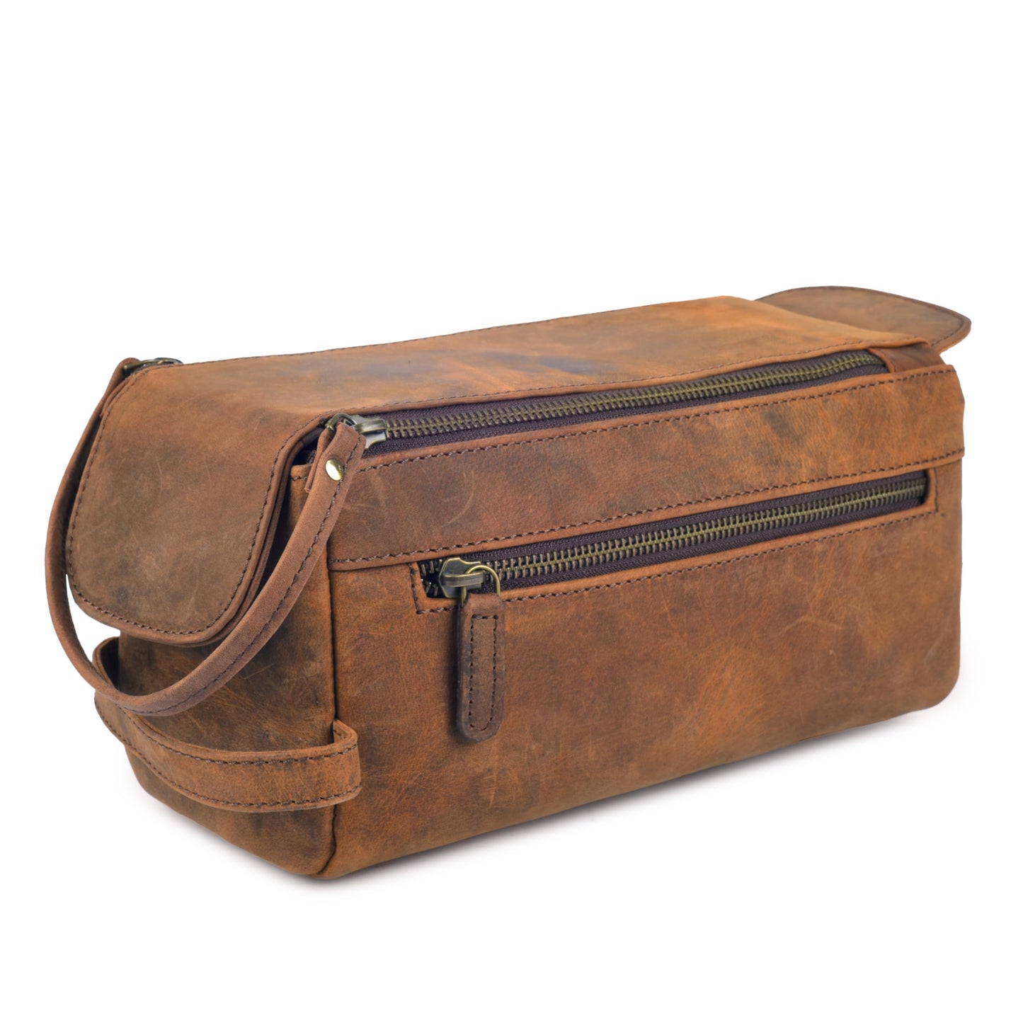 Rasavi Genuine Leather Travel Toiletry Bag for Men & Women, Handcrafted Vintage Dopp Kit, Water-Resistant Shaving & Bathroom Essentials Organizer - Distressed Brown