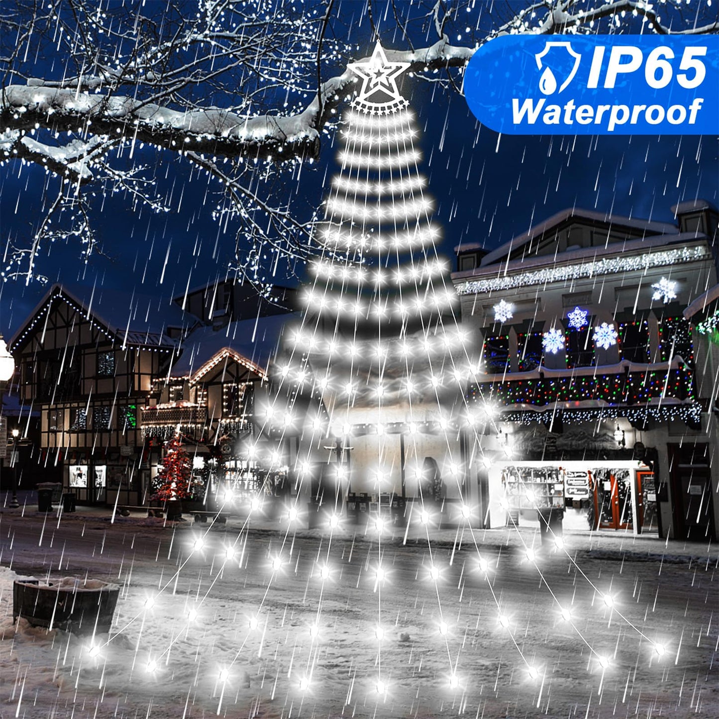 Christmas Solar Decorations Star Lights Outdoor, 11.48ft 350LED Waterfall Tree Lights with 8 Modes Timer Remote String Lights USB Powered for Garden Yard Patio Home Holiday Party Decor, Pure White