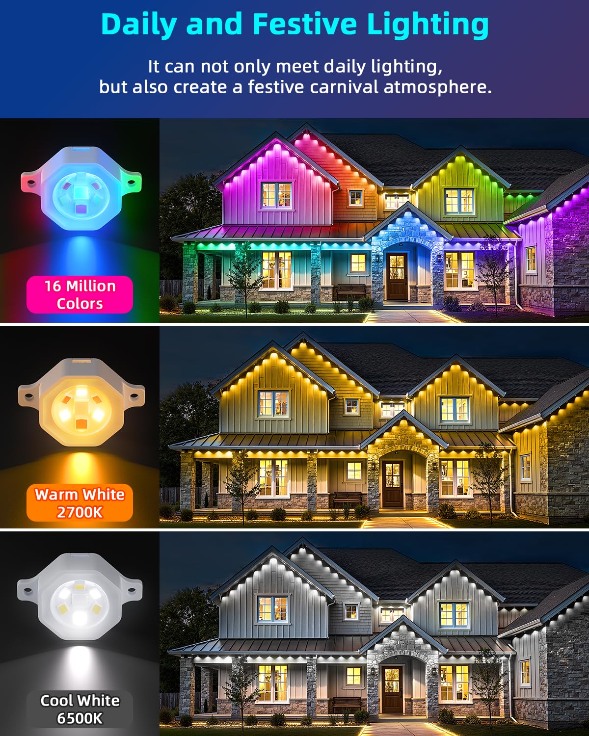 REYLAX Permanent Outdoor Lights Pro, 100ft with 72 Triple-LED 135lm, RGB+IC Smart Eaves Christmas Lights for House, IP67 Waterproof, Multi Scenes for Outdoor Decor, Works with Alexa, Google, Remote