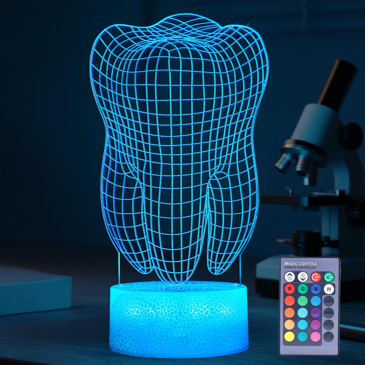 POSSHE Dental Gifts, 3D Tooth Night Light, 3D Illusion Lamp, 16 Colors Changing, Remote Control, Dimmable, Living Room Decoration, Xmas Tooth Model Gifts