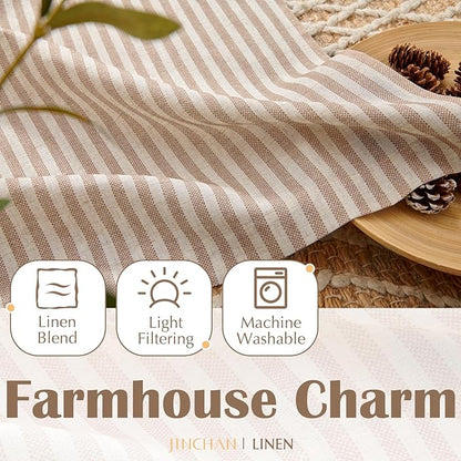 jinchan Striped Linen Kitchen Curtains 30 Inches Length Tier Curtains Farmhouse Modern Cafe Style Small Window Treatments Airy Light Filtering Rod Pocket for Living Room Bathroom 2 Panels Tan