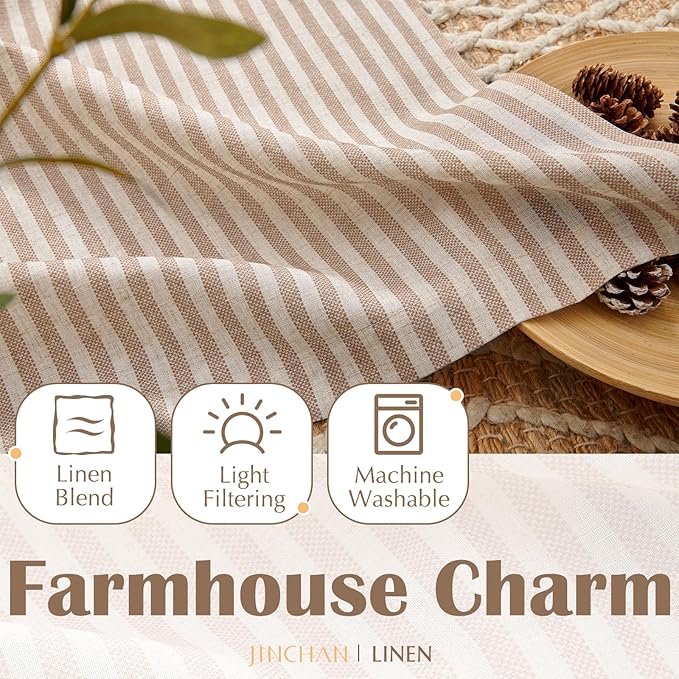jinchan Striped Linen Kitchen Curtains 36 Inches Length Tier Curtains Farmhouse Modern Cafe Style Small Window Treatments Airy Light Filtering Rod Pocket for Living Room Bathroom 2 Panels Tan