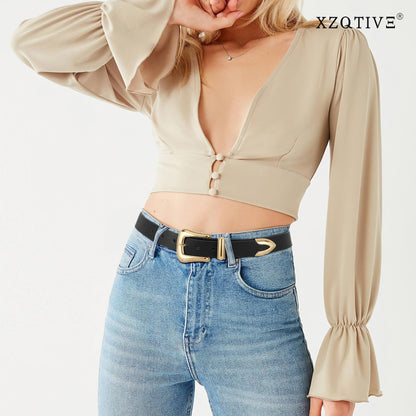 XZQTIVE Women's Leather Belt for Jeans Pants Dresses Fashion Ladies Western Leather Belt Gold Buckle, Black