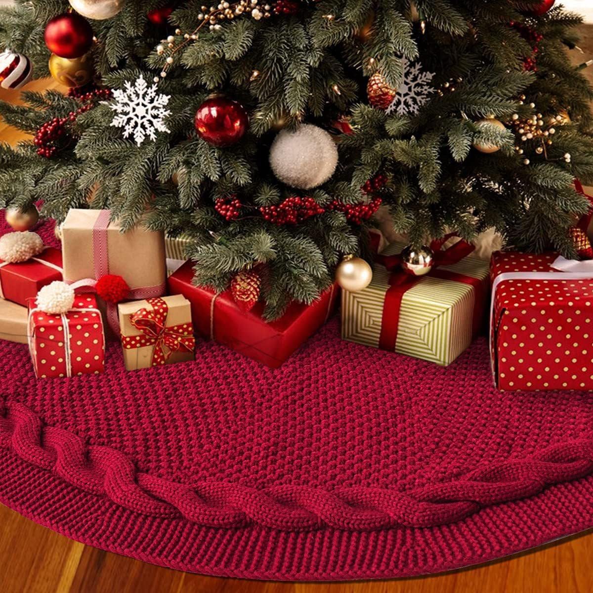 48 Inch Dark Red Knitted Christmas Maroon Tree Skirt， Large Xmas Tree Skirts Round Base Skirt for Holiday Party Decoration Ornament Supplies，for 6-8FT Tree Christmas Treer Burgundy Tree Skirt (48in)