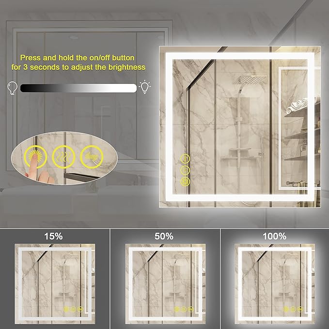 Wall-Mounted LED Square Bathroom Mirror, Makeup Mirror (36 inches x 36 inches,) 3 Color Stepless Dimmable Memory Bathroom Vanity Mirror with Lights CRI90 Smart Mirror with Touch
