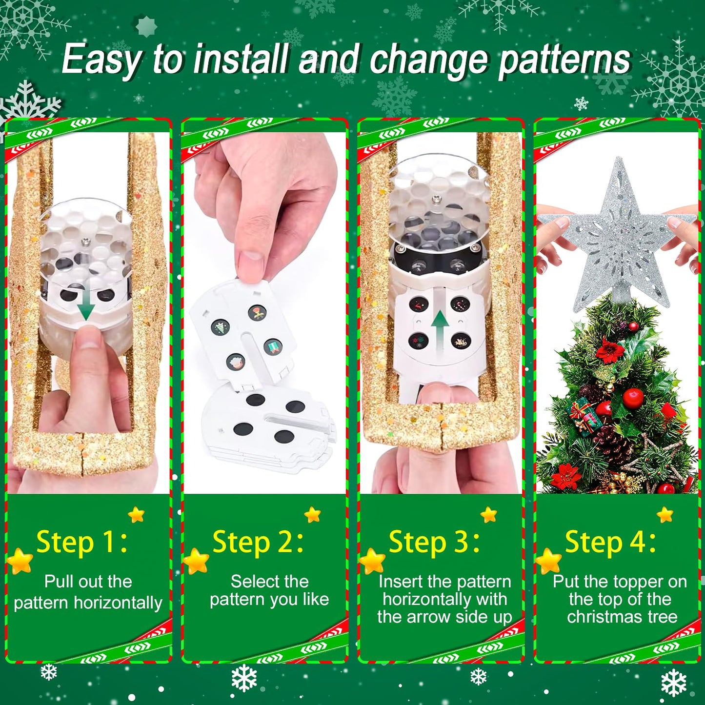 Christmas Tree Topper Projector Lights with 6 Projection Modes, Sliver Star Christmas Tree Topper with Built-in LED Projector, Dynamic Projection for Christmas Party Holiday Decoration