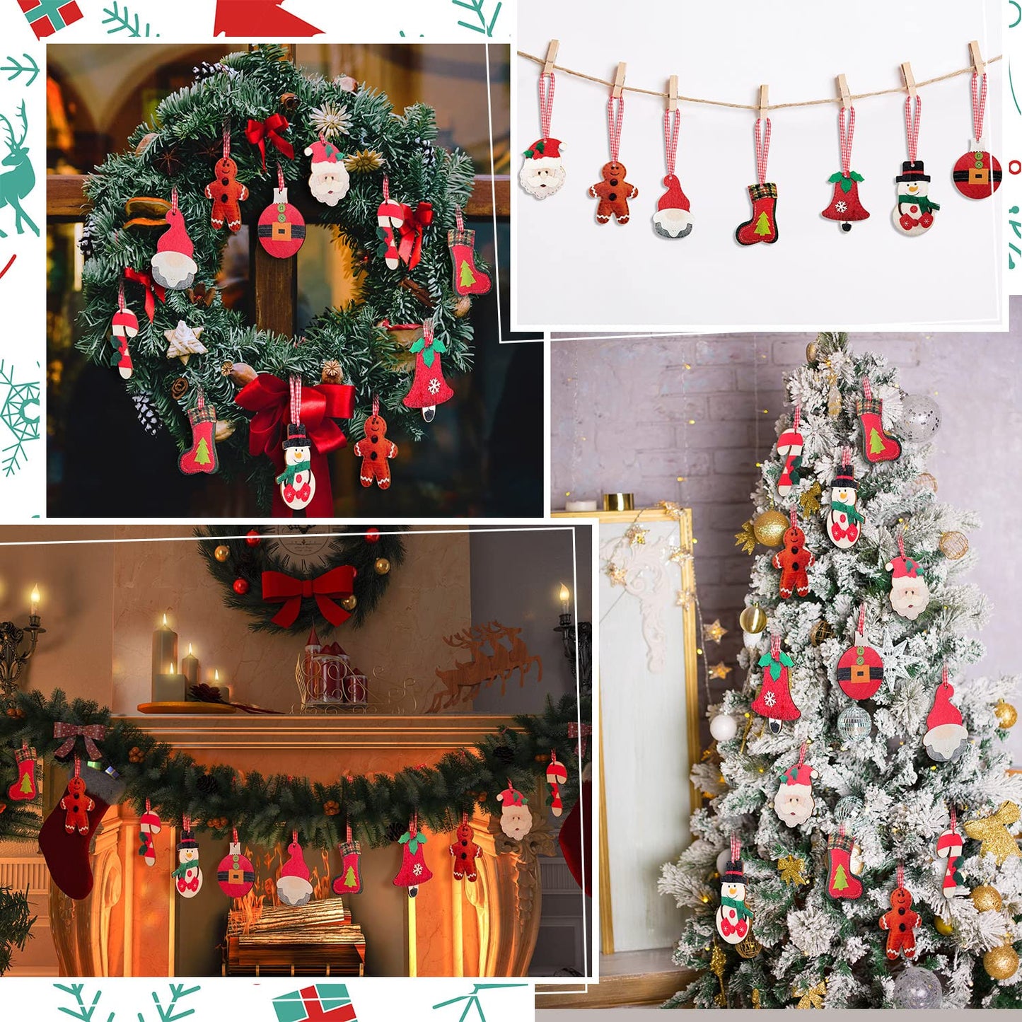 24 Pcs Wooden Christmas Tree Ornaments Hanging Decorations 3D Santa Clause Snowman Reindeer Candy Cane Stocking Wooden Crafts for Xmas Tree Wreaths Home Winter Holiday Party Decor (Wood)