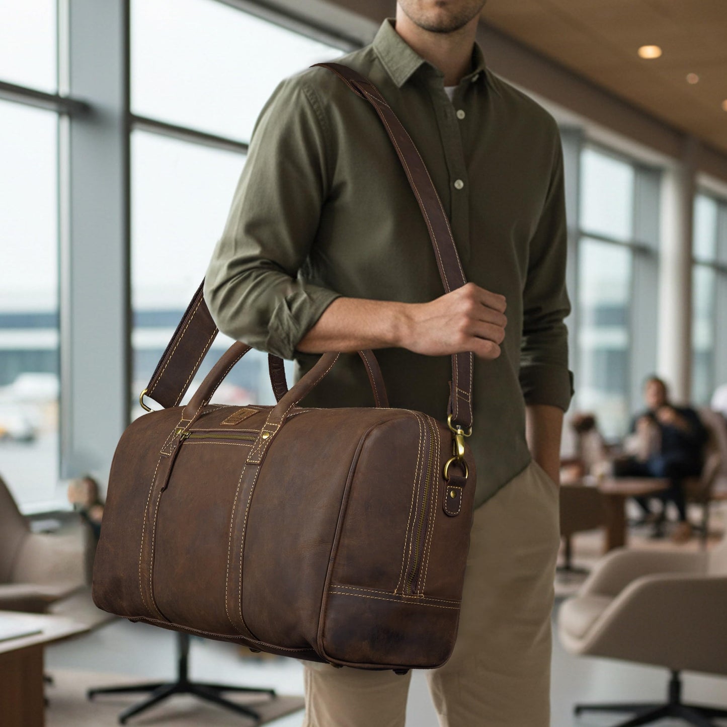 Genuine Leather Duffle Bag for Men & Women – Stylish Travel Weekender Bag with Shoulder Strap – Overnight, Gym, or Carry-On Luggage Bag – Vintage Brown