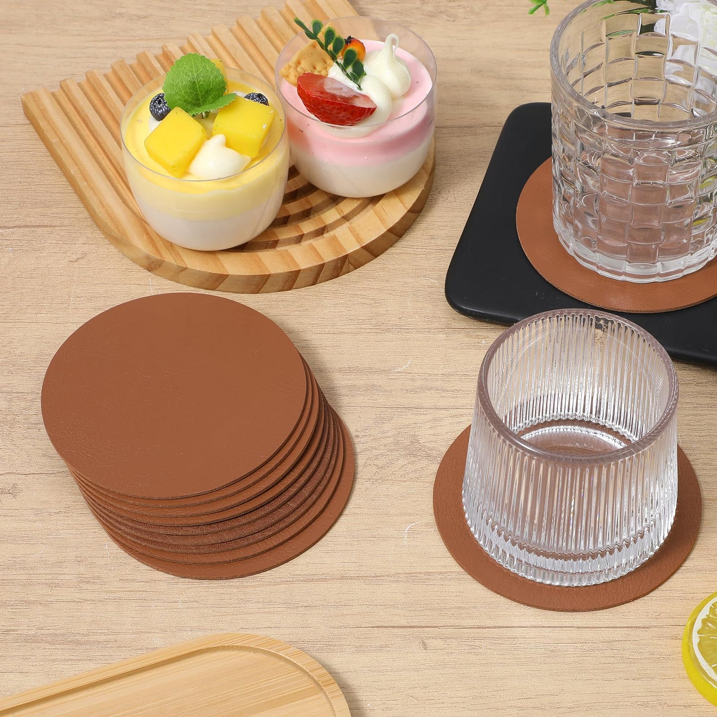 Oqqlin 60 Pcs PU Leather Coasters, 4 Inch Round Leather Coasters 10 mm Thickness Brown Drink Coaster for Home, Coffee, Tabletop Protection, Home Decoration