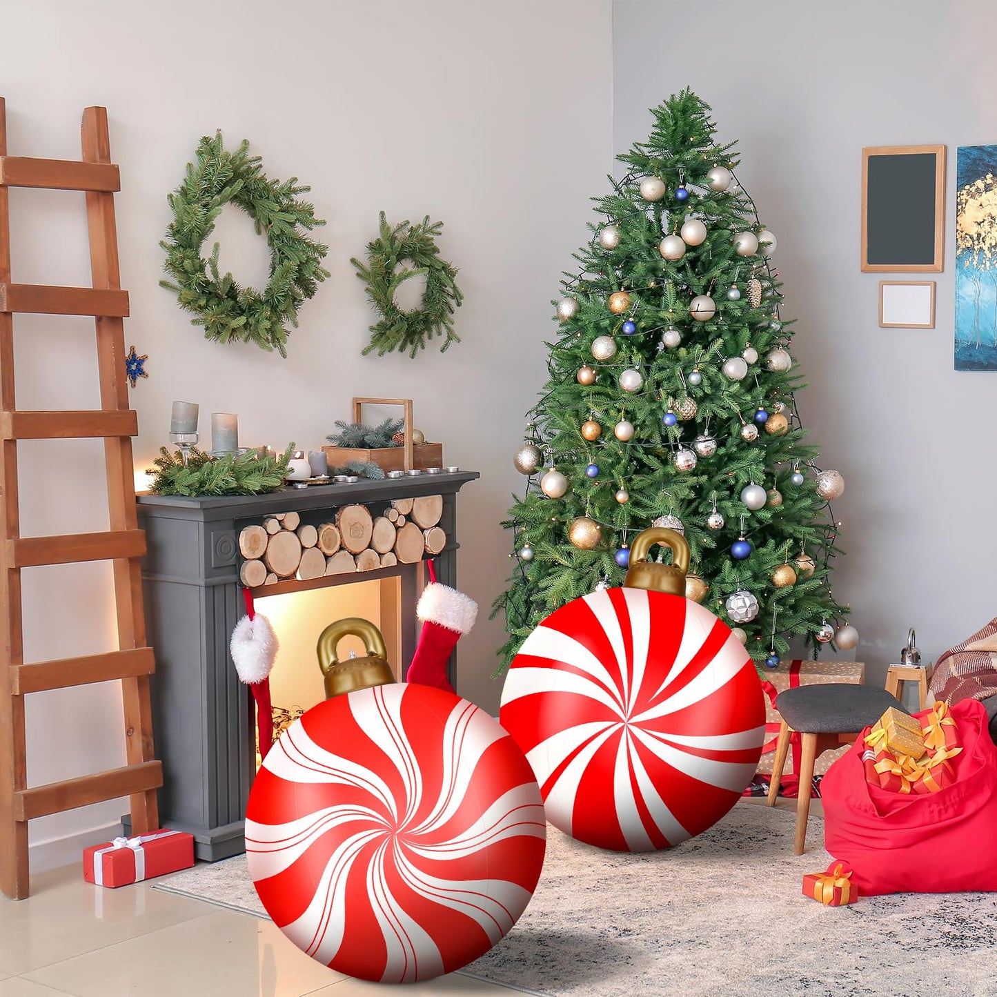 2 Pieces 32 Inch Giant PVC Inflatable Christmas Decorated Ball Ornaments Outdoor Large Xmas Blow Ball Decorations for Christmas Themed Party Ornaments(Candy,Red White)