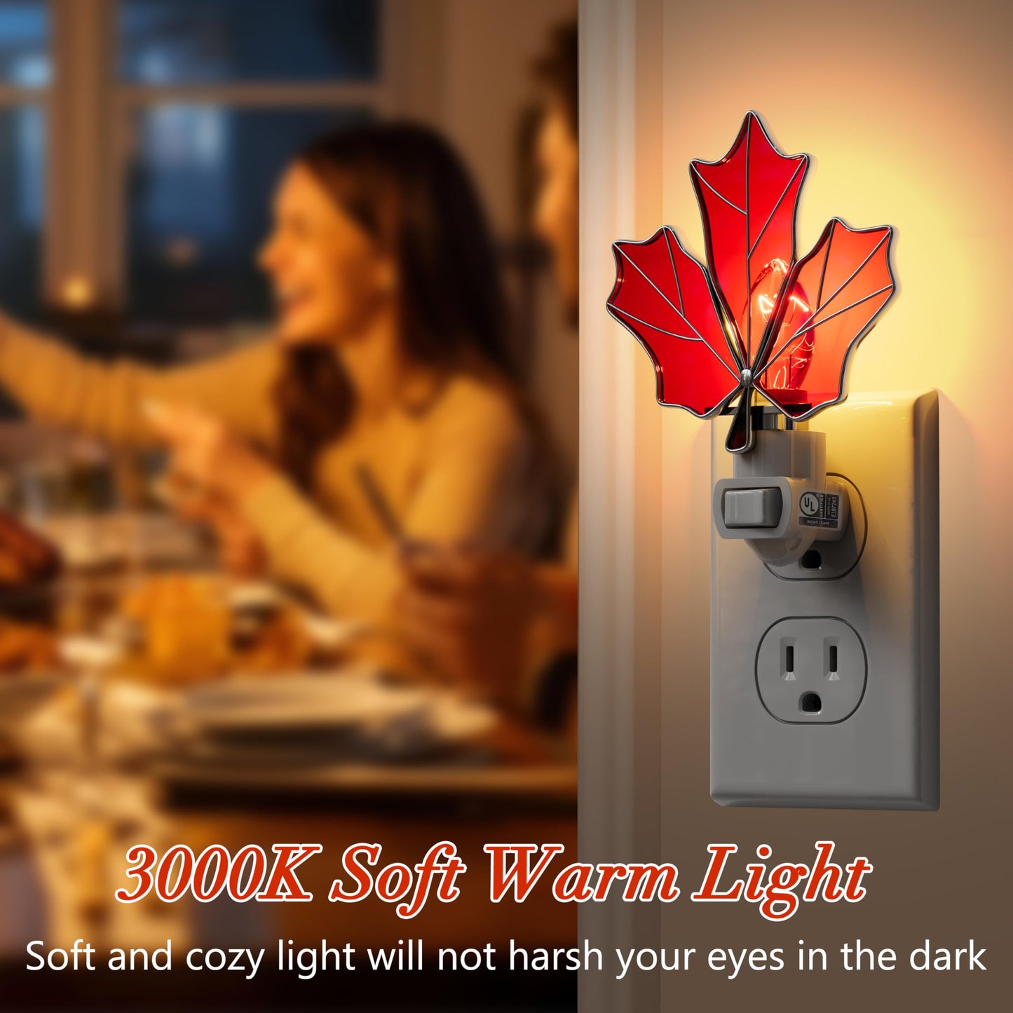 KUNDGLA Stained Glass Night Lights Plug into Wall Brown Maple Leaf Plug in Night Light 7W Warm White Lamp Decorative Accent Nightlight with On Off Switch for Adult Kids Room Home Gifts for Grandkids