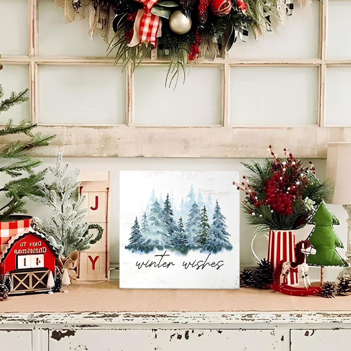 MTRGDN Winter Tree Decor - Christmas Sign and Christmas Decoration - Rustic Wood Block Plaque for Home