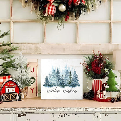 MTRGDN Winter Tree Decor - Christmas Sign and Christmas Decoration - Rustic Wood Block Plaque for Home