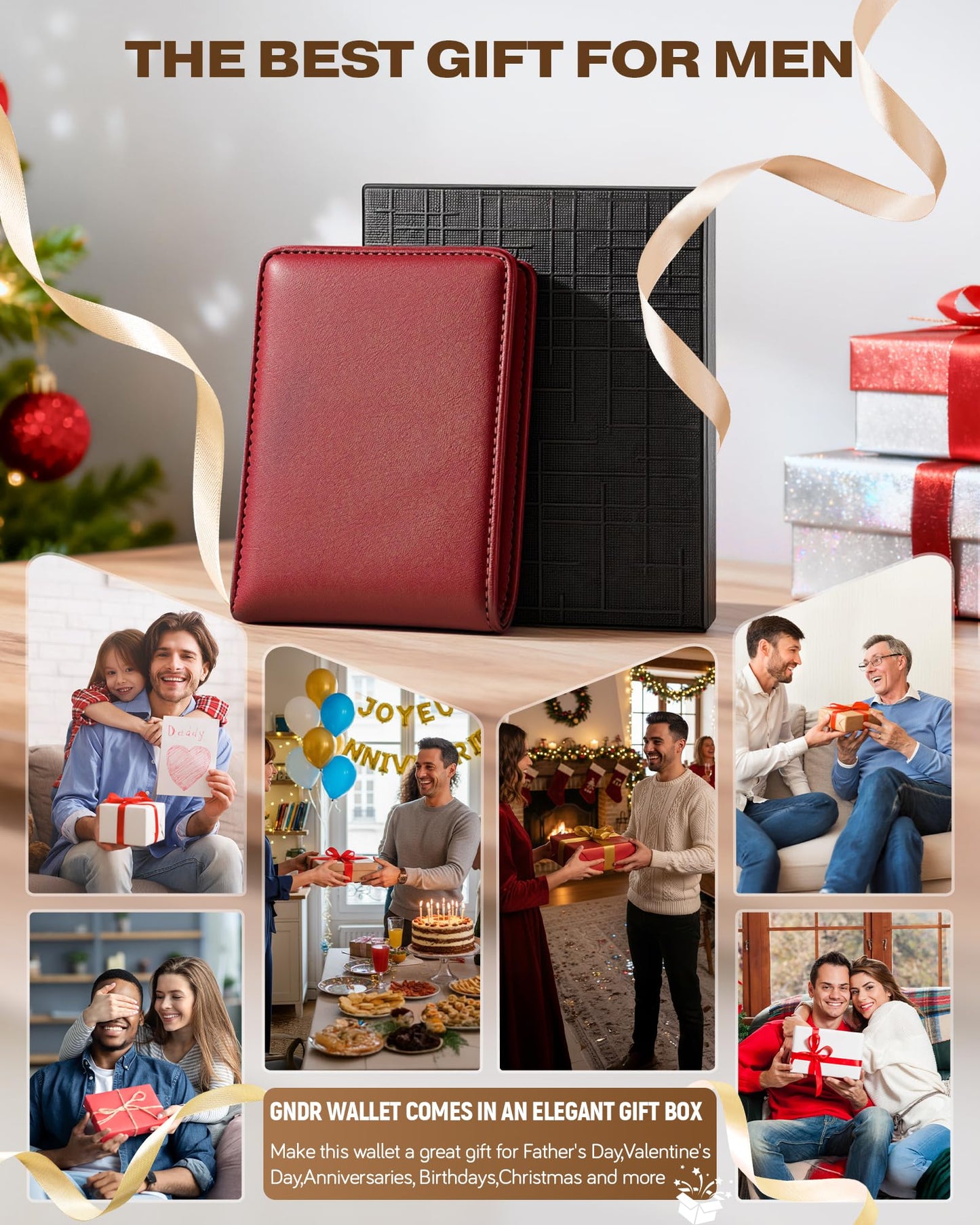 GNDR Wallet For Men Bifold Red RFID Blocking Slim Faux Leather Wallets Card Holder Front Pocket Minimalist Men Accessories With Gift Box