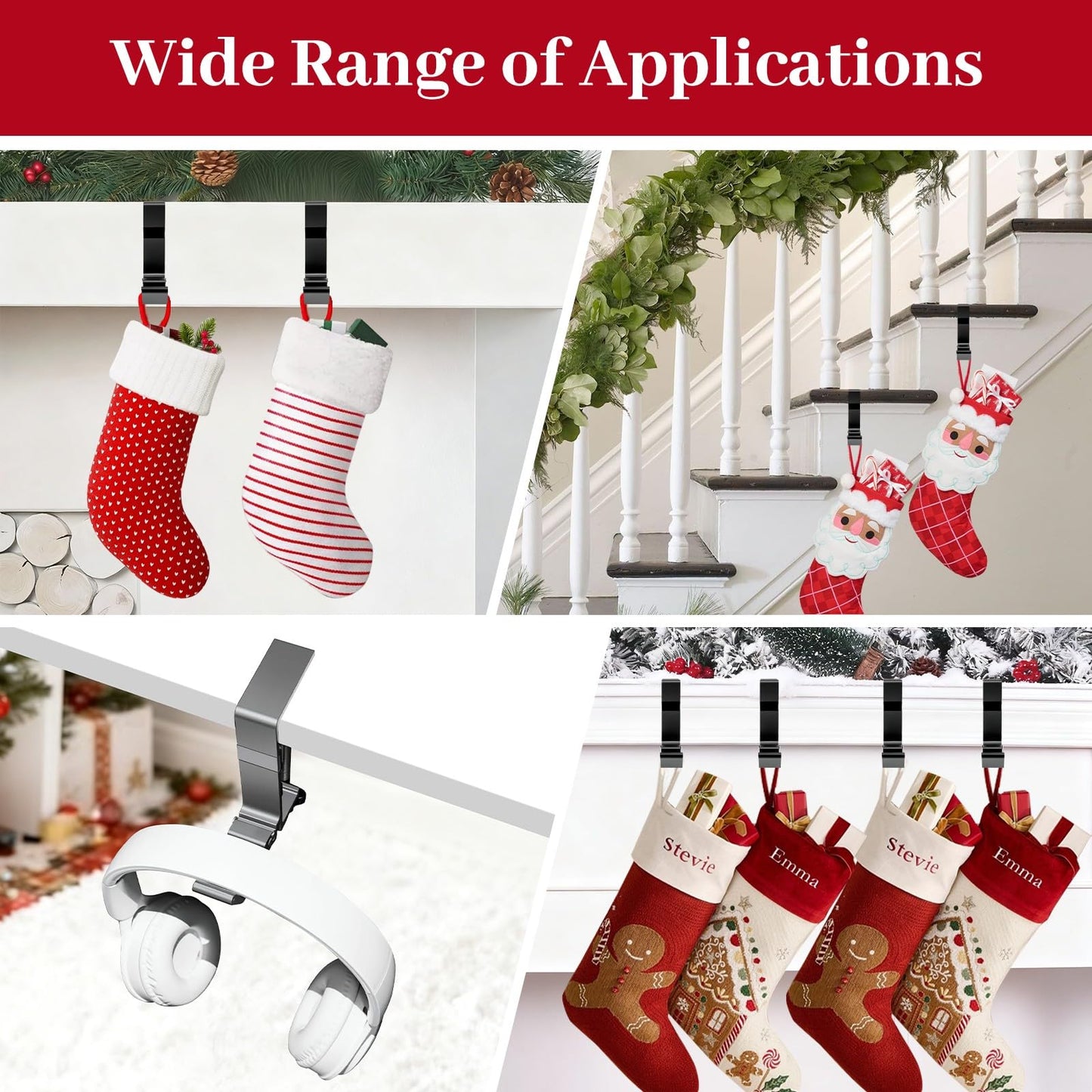 4-Pack Christmas Mantel Stocking and Wreath Hangers, 2 in 1 Mantel Wreath Holder for Hanging Christmas Stockings, No Drilling Required, Adjustable Thickness Wreath and Stocking Holder,Fold(Gray)