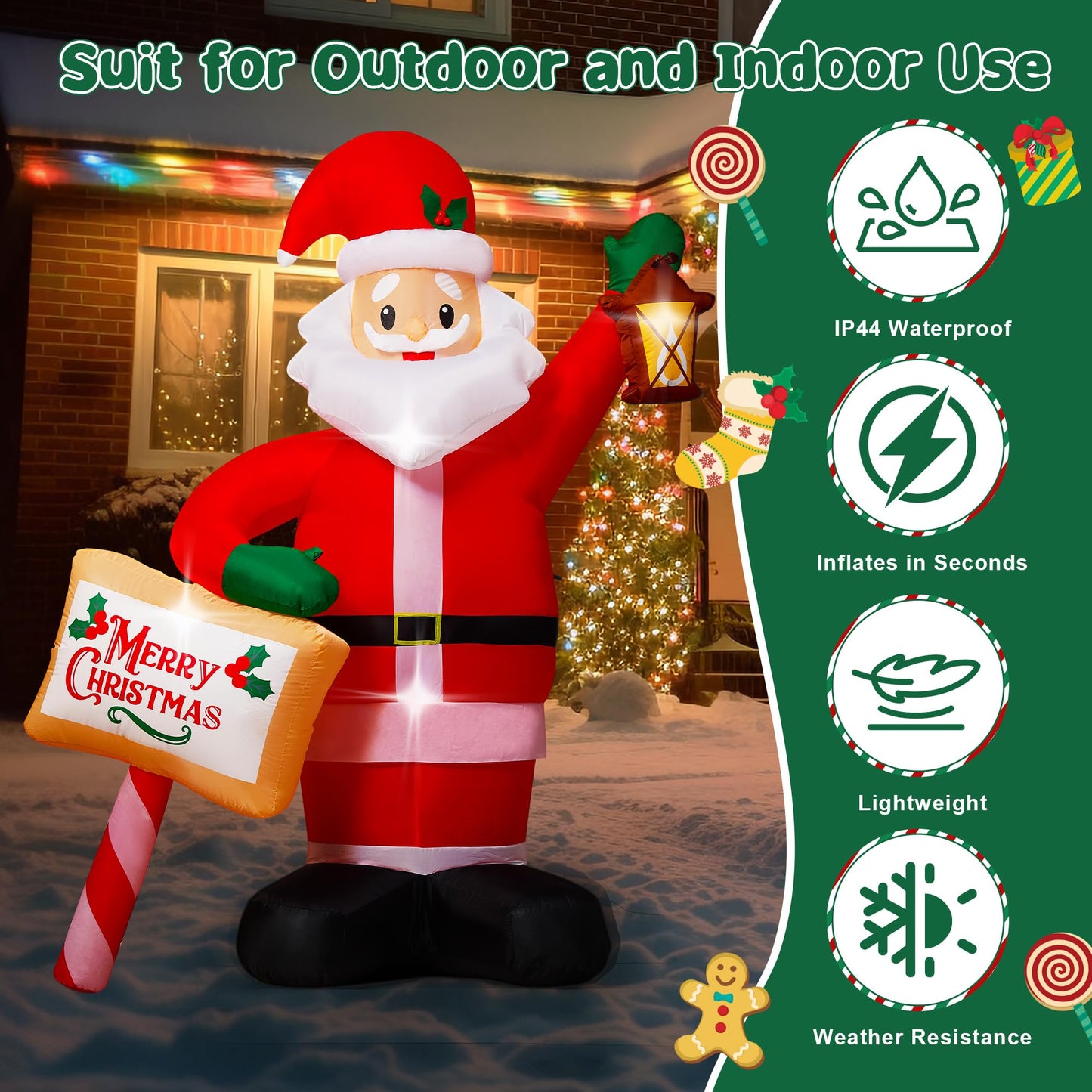 7FT Christmas Inflatables Santa Claus Outdoor Decorations, Blow up Santa Inflatables Holding Lantern & Merry Xmas Sign with Built-in LED Lights, Outdoor Holiday Yard Decor for Garden Lawn Porch