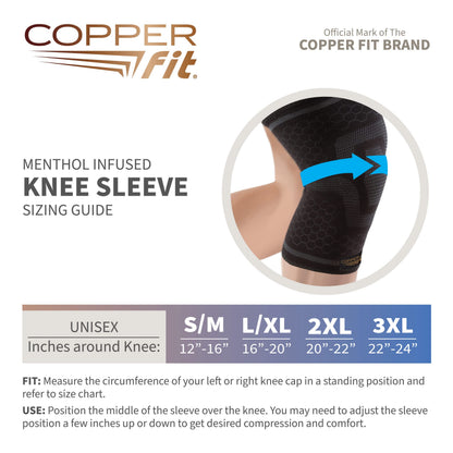 Copper Fit unisex adult ICE Sleeve, S/M Knit Compression Knee Sleeve Infused with Menthol and CoQ10 for Maximum Recovery, Black, Small /Medium US (12"-16")