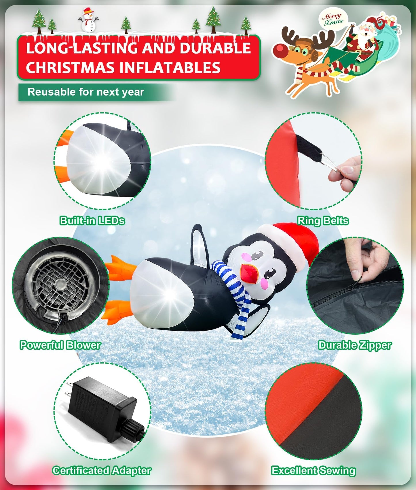 10Ft Christmas Inflatables Outdoor Decoration, Inflatable Penguin with Scarf Laying Down Christmas Blow Ups Yard Decoration for Garden, Lawn, Home Xmas Holiday Season Decor