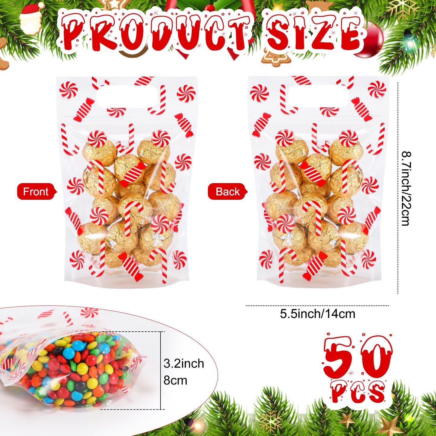 Fuutreo 50 Pcs Christmas Candy Gift Bags Xmas Clear Sealing Pouches with Handles Resealable Red Christmas Plastic Bag for Xmas Winter Holiday Party Snack Gift Wrap Supplies Decoration (Candy)