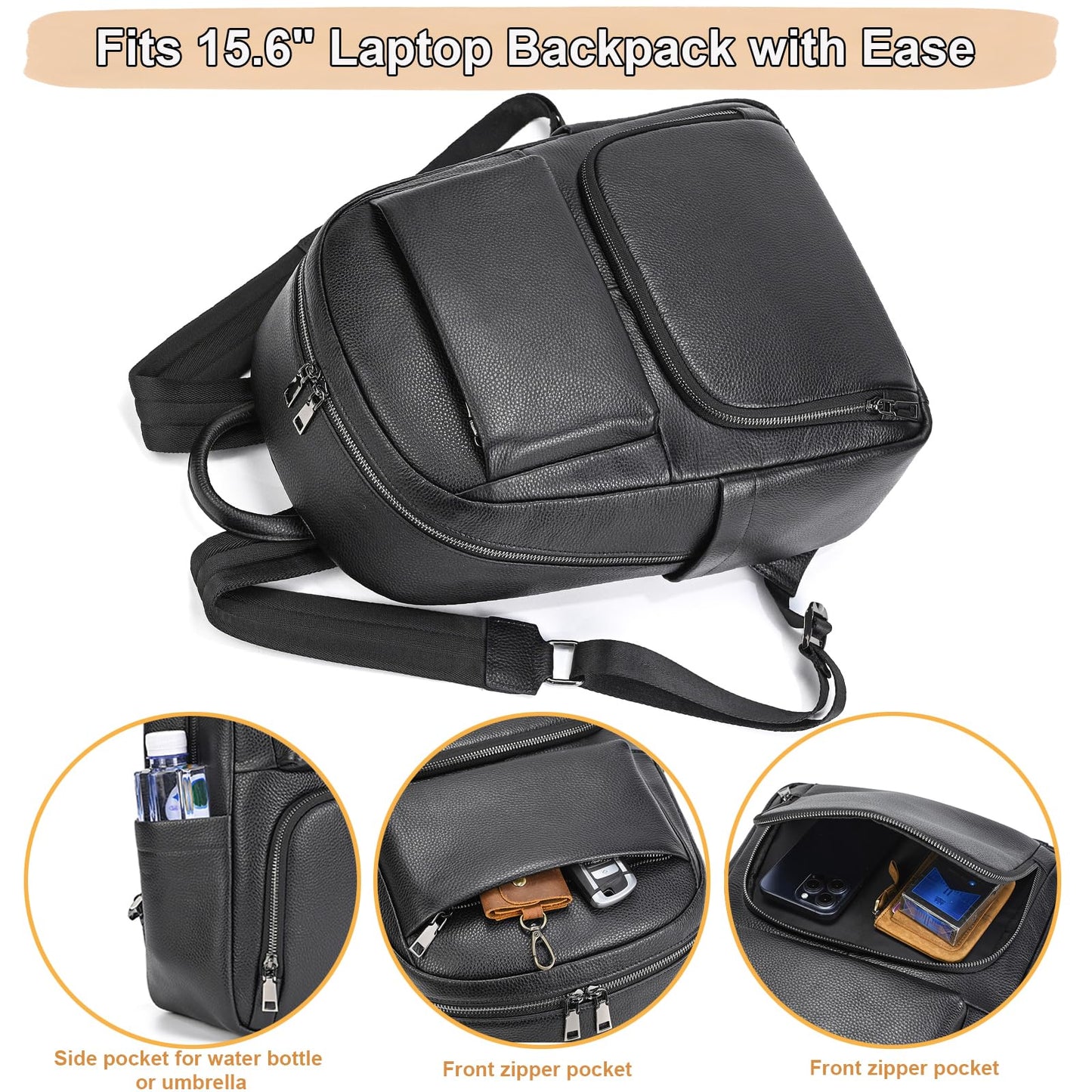 Yevabo Genuine Leather 15.6 Inch Laptop Backpack for Men, Multi Pocket Casual Daypack Shoulder Bag for Business Travel Outdoor, Black