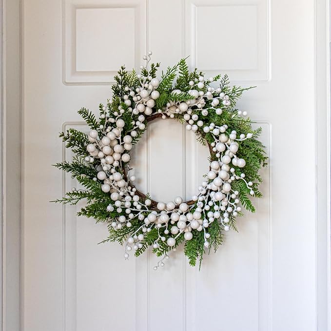 FloralElegance Artificial Winter Wreath 20 Inch White Berry Wreath Winter Wreaths for Front Door with Holly Berries for Xmas Winter Holidays