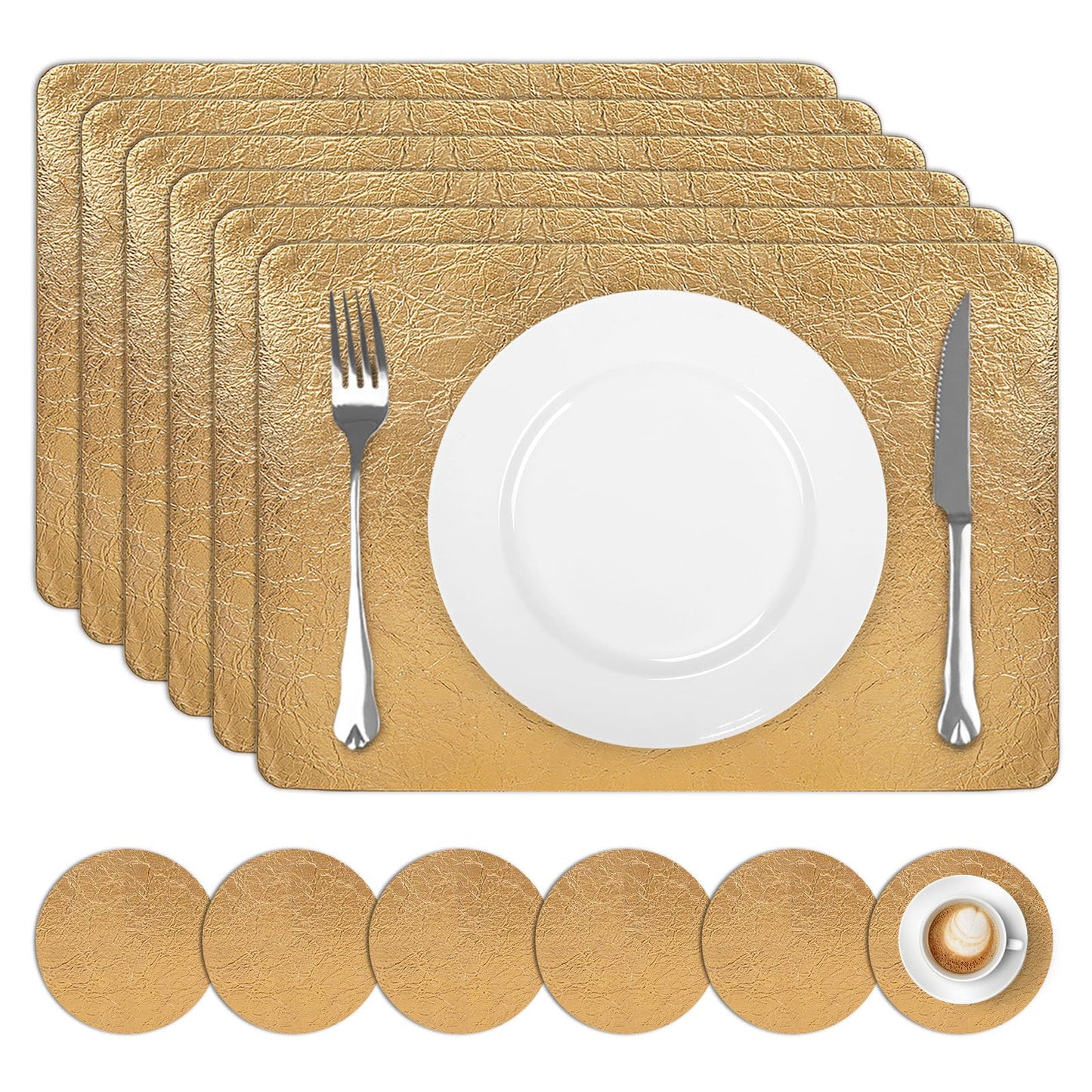comfoyar Faux Leather Placemats Set of 6 with Coasters, 12x17inch Non-Slip Heat Resistant Dual-Sided Gold Crackled Place Mats, Washable Waterproof Table Mats for Kitchen Dining Party Table Decoration