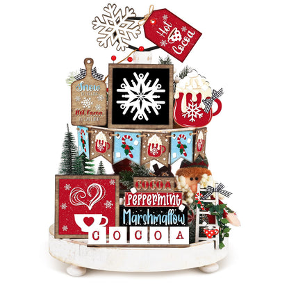 Fairysandy 14 Pcs Christmas Tiered Tray Decor Set Christmas Wooden Sign Decor Rustic Farmhouse Snowflake Cocoa Coffee Spice Blocks Winter Table Tabletop Sign for Home Xmas Shelf Coffee Bar