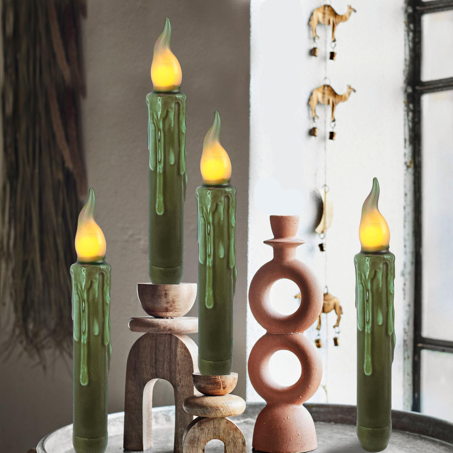 FCMSHAMD Olive Green Flameless Short Taper Candles, Real Wax Hand Dipped LED Battery Operated with Remote, Flickering Flame Lights for Party Home Décor, 6.7 Inch Primitive Flameless Candles, 4PCS
