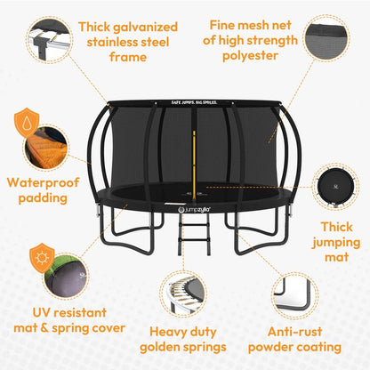 JUMPZYLLA Trampoline Outdoor 8FT 10FT 12FT 14FT 15FT 16FT with Enclosure and Ladder, ASTM Approved Recreational Trampoline for Kids and Adults, Anti-Rust Coated Frame (Yellow, 15FT)