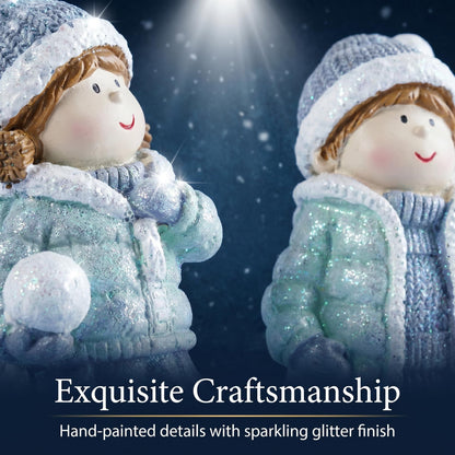 Brizoria Miniature People Figurines Set of 2 Glitter Resin Boy and Girl Winter Decorations for Home Indoor Tabletop Mantel Shelf Cute Christmas Home Decor Small Tiny People Figurines
