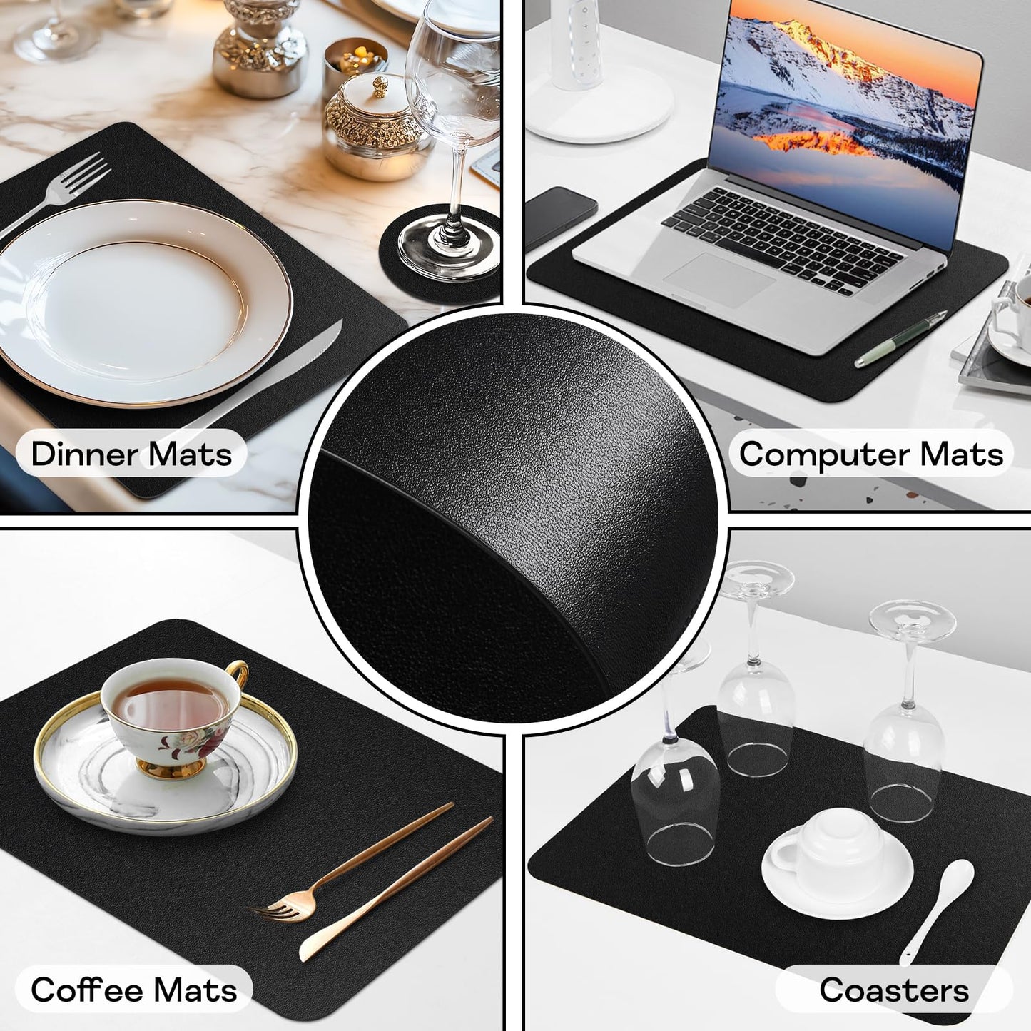 APLKER Vinyl Placemats Set of 6, Waterproof Faux Leather Heat Resistant Kitchen Place Mats, Wipeable Dining Table Place Mats and Coasters for Kitchen, Dining, Decor, Outdoor (Black)