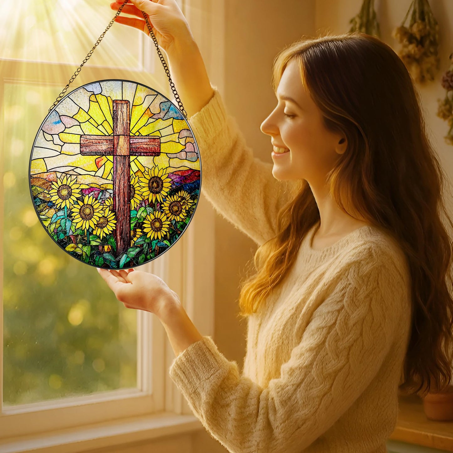 Stained Glass Suncatcher, Sunflower & Cross Sun Catcher Ornament; Stained Glass Window Hanging, Christmas Ornament, Christian Home Decor; Baptism Gift, Christian Gifts, Religious Gifts