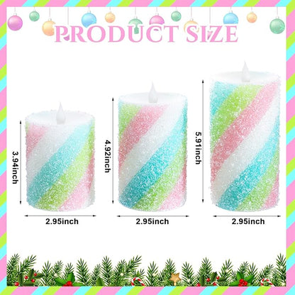 Baquler 3 Pcs Pastel Candy Flameless Candles Christmas Candy Stripe LED Pillar Candles Pastel Battery Operated Candlestick for Holiday Party Centerpiece Xmas Home Decoration