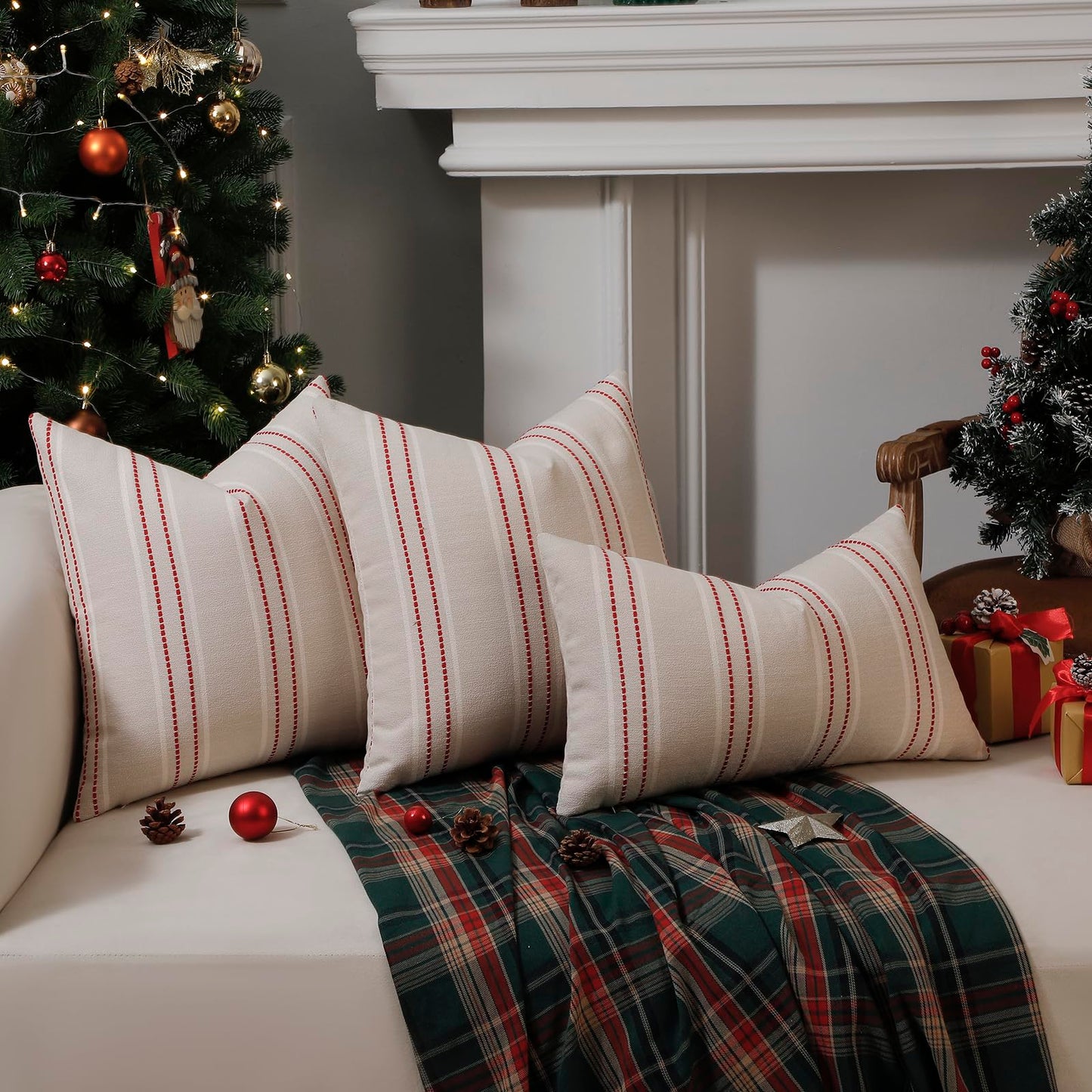 Hckot Christmas Pillow Covers 18x18 Set of 2 Red Striped Throw Pillow Covers Linen Decorative Pillows Square Cushion Covers for Sofa Couch Bed Living Room Xmas Winter Decorations(Red)