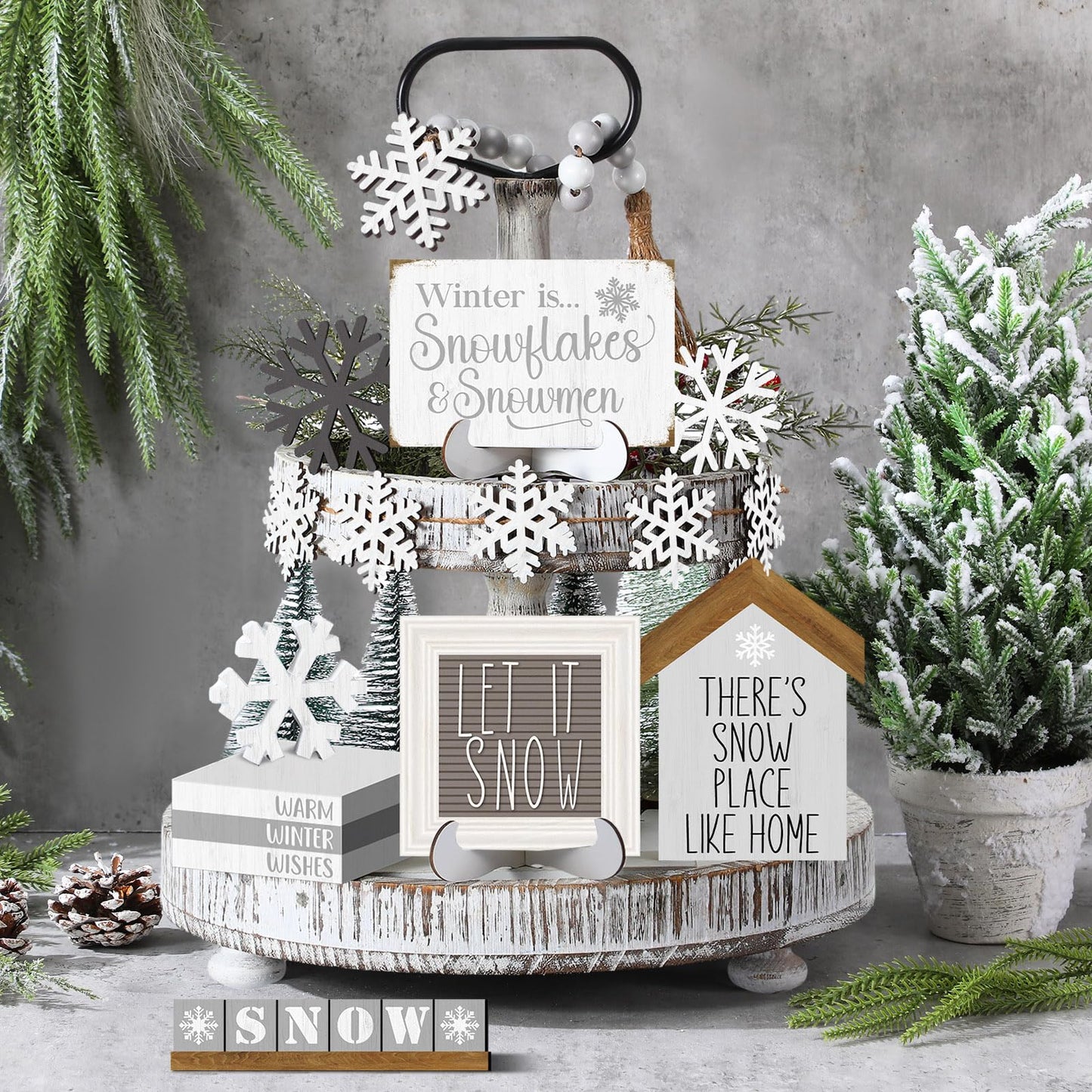 GlikCeil 19 Pcs Winter Tiered Tray Decor Snowflakes Wood Rustic Decoration Tiered Sign Table Centerpieces Without Tray for Tabletop Shelf Winter Xmas Home Party Gifts(Farmhouse)