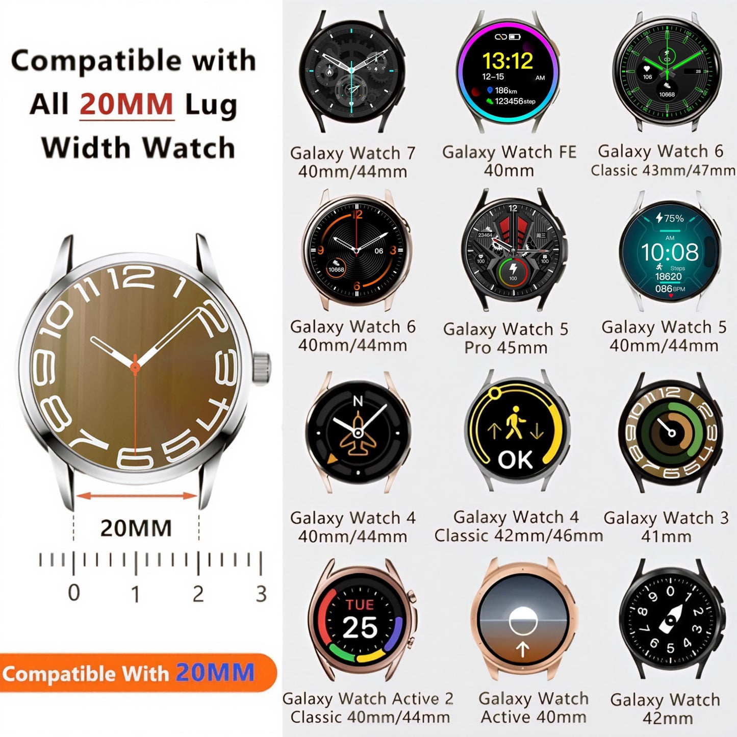 VIQIV Leather Band Compatible with Samsung Galaxy Watch 7/6/5/4/FE Active 2 40mm 44mm/Watch 4 6 Classic 43mm 47mm 42mm 46mm/Watch 5 Pro 45mm Bands Men, 20mm Two-Tone Gothic Biker Sport Leather Strap Women, Black